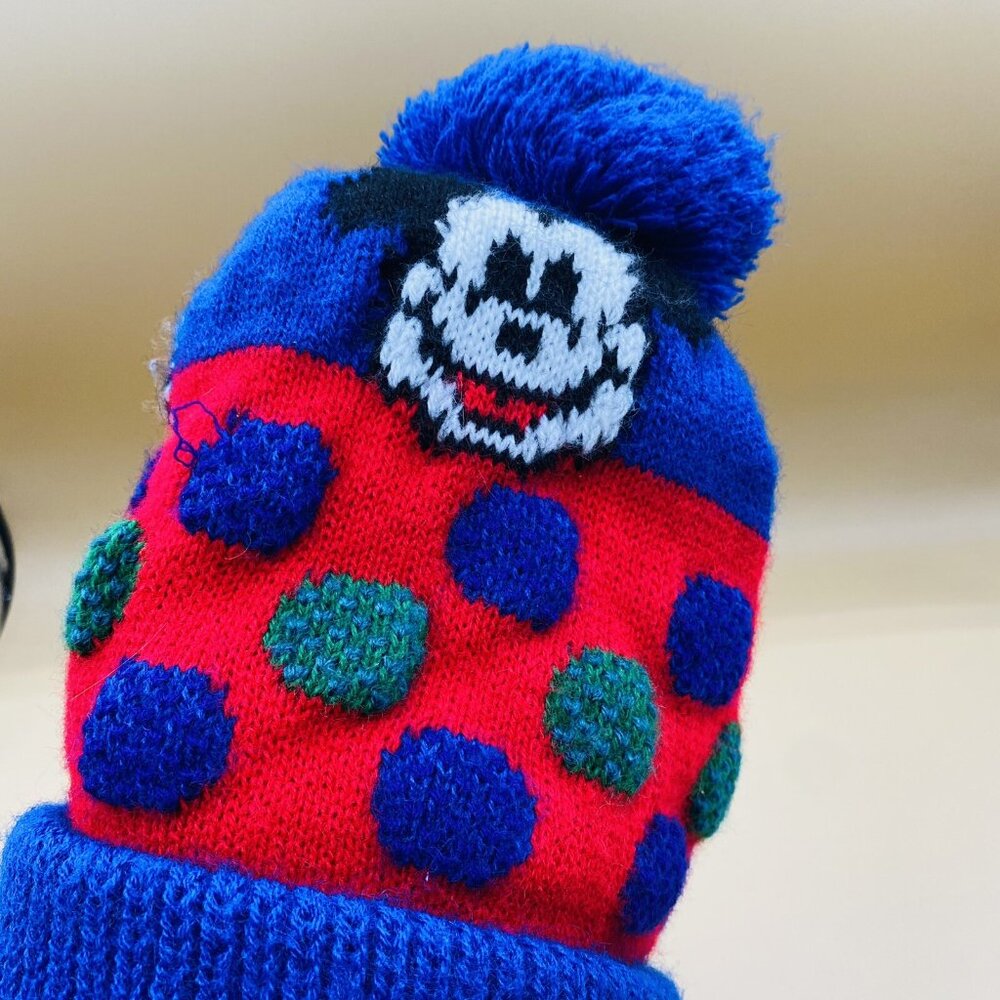 Vintage Garon Mickey Mouse Walt Disney Youth Beanie Cap Hat Pom Pom USA Blue Red - Picture 6 of 11